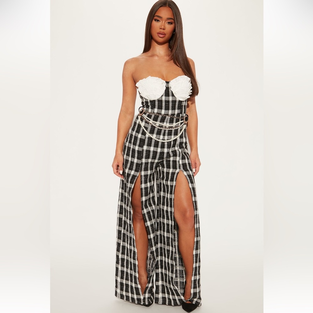 Fashion Nova Black & White Tweed Strapless Plaid Split-Leg Jumpsuit